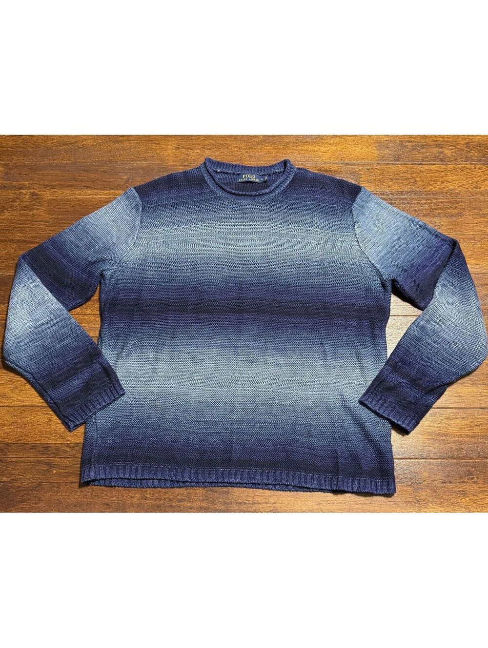 Polo Ralph Lauren Mens L Blue Ombre Cotton Linen Knit Crewneck Sweater Thin Soft